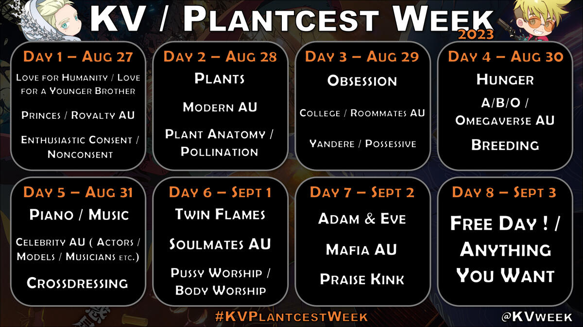 This is an image showing all of the KV Plantcest Week Prompts. They are also written in plain text below for accessibility.